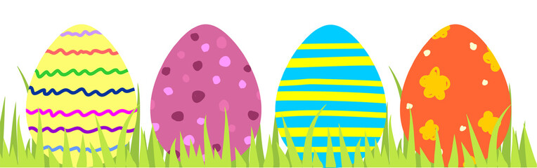Vector multicolored Easter eggs on the grass. Long banner
