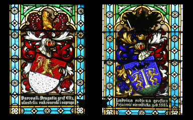 Coat of arms of Count Eltz and Countess Ludvine Pejacevic, stained glass in Zagreb cathedral 
