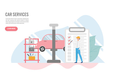 Naklejka premium Car service concept with character.Creative flat design for web banner.