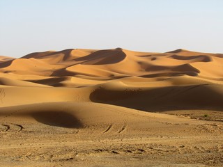 Spectacular views in Sahara Desert. Sun colours its Beautiful Sand Dunes and creates astonishing shadows effects. Camel trekking and night in tents is a must