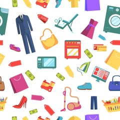 best shopping illustration concept. Template of icons seamless patern design. Many object purchased in the store. In flat sticker style