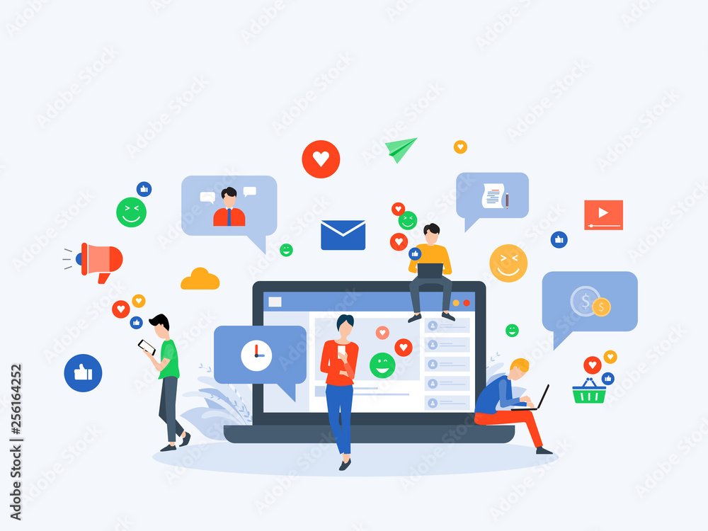 Poster flat vector illustration social media and digital marketing online connection concept with business 