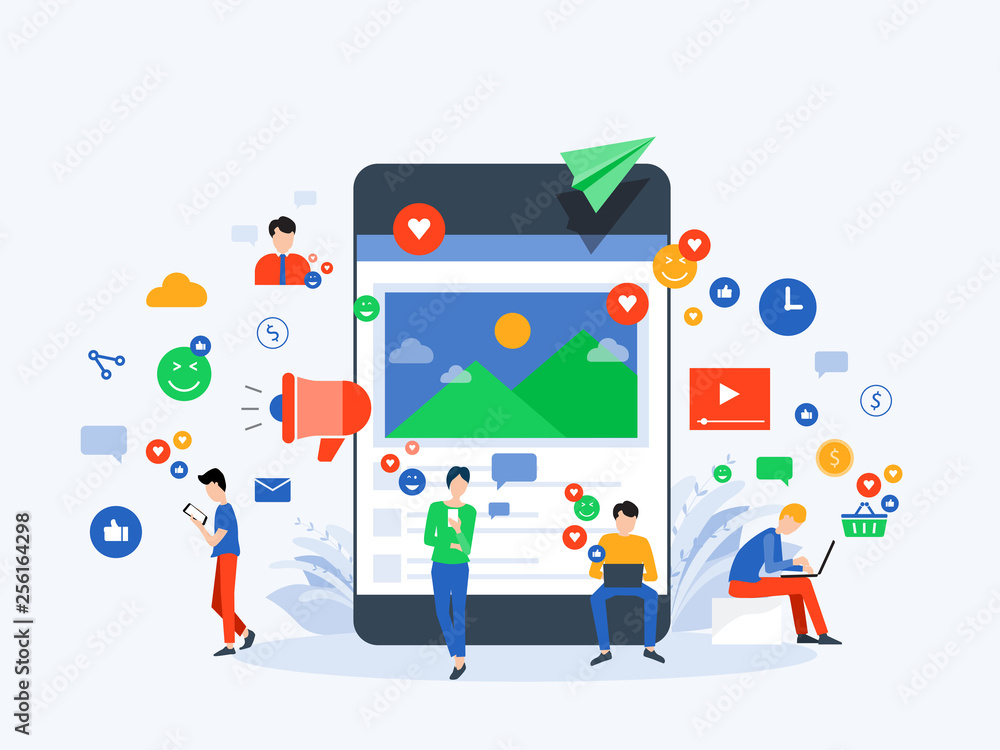 Aufkleber flat vector illustration social media and digital marketing online connection concept with business 