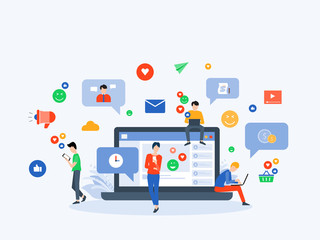 flat Vector illustration social media  and digital marketing  online connection concept with business people character use mobile  concept 