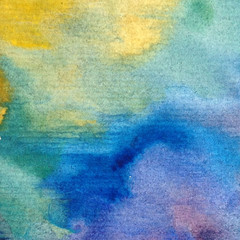 Watercolor abstract bright colorful textural background handmade . Painting of sky and clouds during sunset . Modern cosmic pattern . Shine