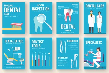Dental office interior information cards set. Hygiene template of flyear, magazines, posters, book cover, banners. Clinic infographic concept background. Layout dentistry illustrations modern pages