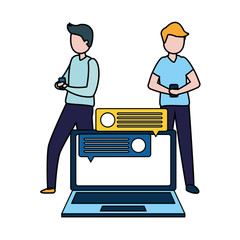 men with smartphone and laptop avatar character