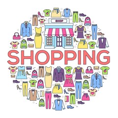 Many object purchased in the shop. Shopping circle abstract background concept. In flat thin lines outline style icons with shop label design illustration.