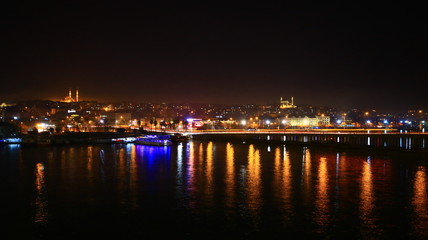 night view in Turkey from Istanbul Karaköy. Galata Bridge Lights