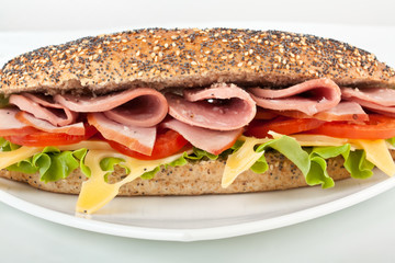 long whole wheat sub baguette sandwich with lettuce, tomatoes, ham, turkey  and cheese on white plate