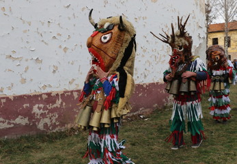Obraz premium Zemen, Bulgaria - March 16, 2019: Masquerade festival Surva in Zemen, Bulgaria. People with mask called Kukeri dance and perform to scare the evil spirits.