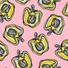 Hand drawn  seamless pattern with  yellow peppers