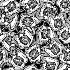 Hand drawn black and white seamless pattern with peppers