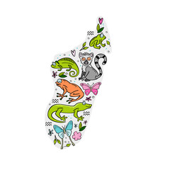 Madagascar map with animals of Madagascar drawn on it