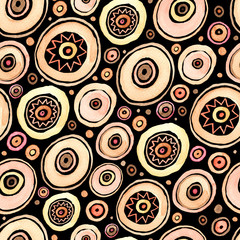 Vanilla Bubblegum Circles Abstract Seamless Pattern on black background. Raster.
