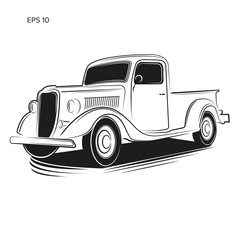 Old retro pickup truck vector illustration. Vintage transport vehicle