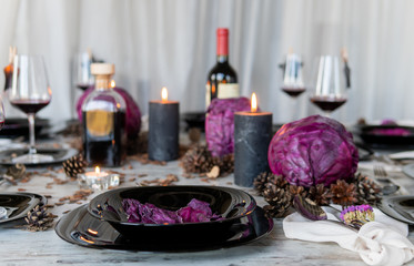 Beautiful table setting with lavender flowers on wooden background