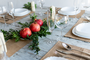 Beautiful table setting with lavender flowers on wooden background