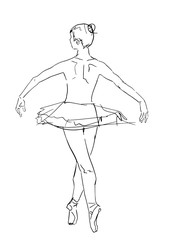 Ballerina in tutu and pointe shoes. Classical choreography. Ballet school. Elegant silhouette of a dancing ballerina. View from the back. Black contour on white background. Vector