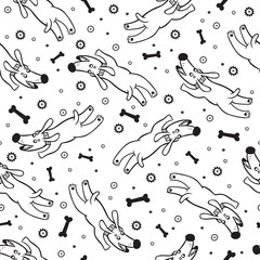 Black and white jumping cartoon dogs vector seamless pattern. Perfect for baby clothing and children's products.