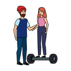 young couple in hoverboard electric