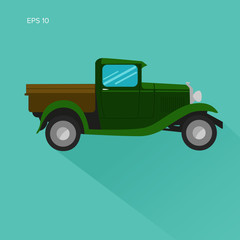 Old retro pickup truck vector illustration. Vintage transport vehicle