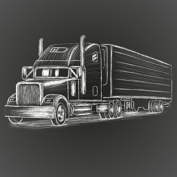 Classic american truck hand drawn vector illustration. Retro freighter truck.