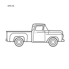 Old retro pickup truck vector illustration. Vintage transport vehicle line art