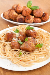 spaghetti with chicken meatballs  on a plate