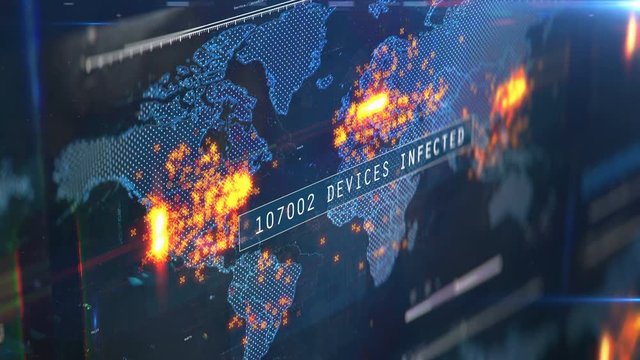 Number of gadgets and computers infected with virus, global hacking attack. Countdown of infected computers and devices