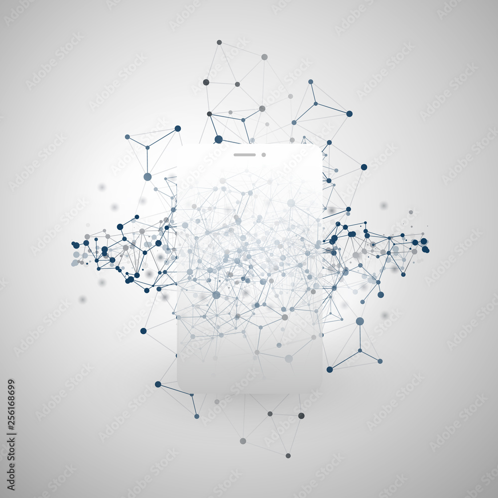 Poster global networks design with network mesh and smartphone silhouette - vector template for your busine