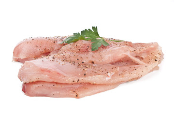 two raw spicy chicken breasts isolated on white 