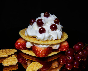 Strawberry-currant dessert on the mirror