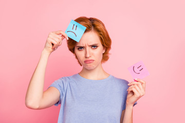 Close-up portrait of her she nice cute charming attractive sad girl wearing casual blue t-shirt...