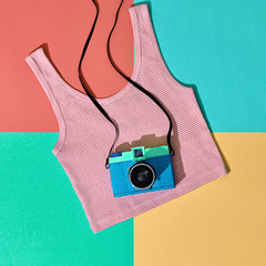 Fashion Film Camera. Hot Summer Vibes, Pop Art. Hipster Clothes Accessories coral Set, Trendy Top....
