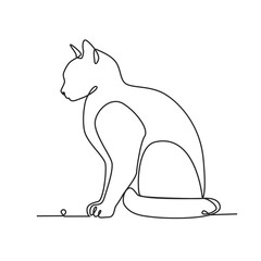 Drawing a continuous line. Sitting cat on white isolated background