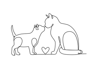 Drawing a continuous line. Cat and kitten on white isolated background