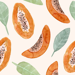 Seamless pattern. Watercolor papaya fruit. Hand drawn summer illustration. Design for fabric, packaging, textile, cover, postcard, paper, stationery, scrapbooking, wrapping, clothes, cards, posters