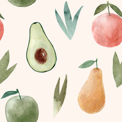 Seamless pattern. Watercolor avocado, orange, apple, pear. Hand drawn summer illustration. Design for fabric, packaging, textile, cover, postcard, paper, stationery, scrapbooking, wrapping, clothes.
