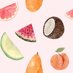 Seamless pattern. Watercolor watermelon, melon, coconut, peach, mango, grapefruit. Hand drawn summer illustration. Design for fabric, packaging, textile, cover, stationery, scrapbooking, wrapping