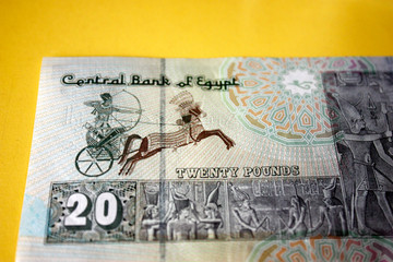 20 Egyptian pounds banknotes large front frame. Mohammed Ali Mosque in Cairo, behind the painting of the First Pharaoh Sesotris, UNC Passage Collection - Collection.
