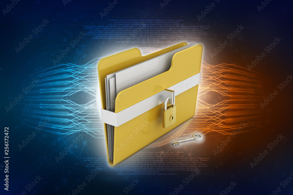 Poster yellow folder and lock. data security concept. 3d rendering
