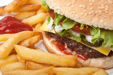 big tasty cheeseburger and french fries