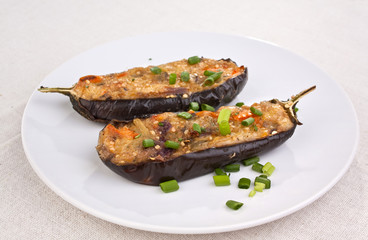two stuffed with cheese and mushrooms eggplants