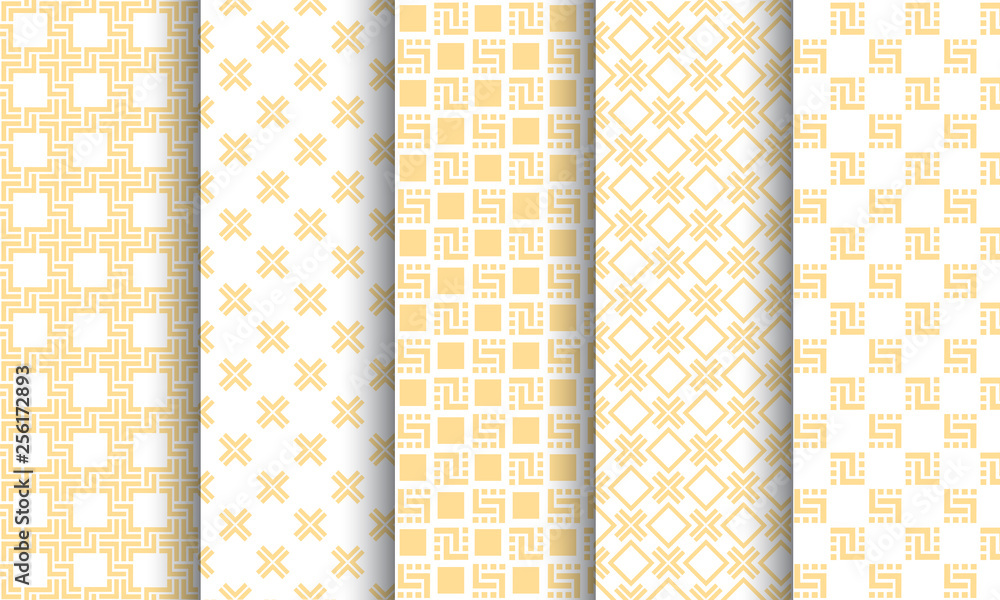 Poster set of different seamless patterns, white and golden texture