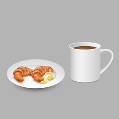 Realistic set with white cup of coffee croissant on plate with butter