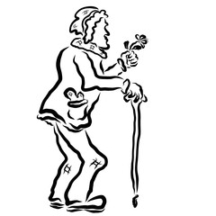 Poor old man in love, with a cane and a flower in his hand