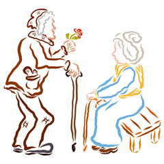 a loving old man gives an old woman a flower