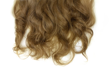 Light brown long hair on a white background. Long curly hair.