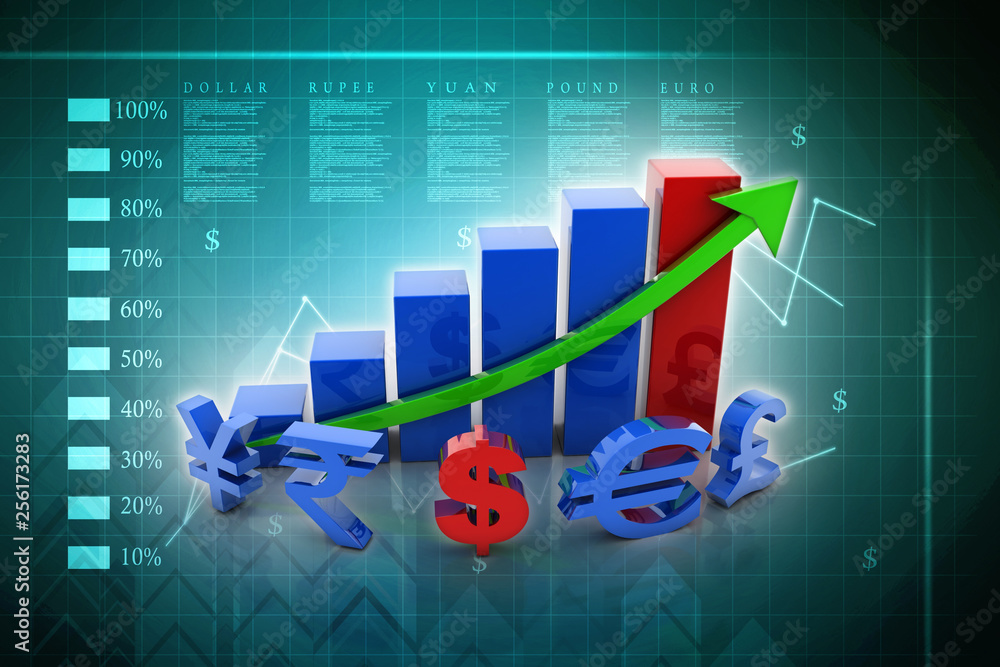 Poster 3d rendering global currencies with business graph